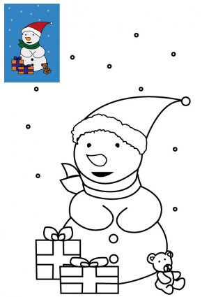 Coloriage de Noël Le bonhomme de neige avec cadeaux de Noël à imprimer gratuitement pour les enfants
